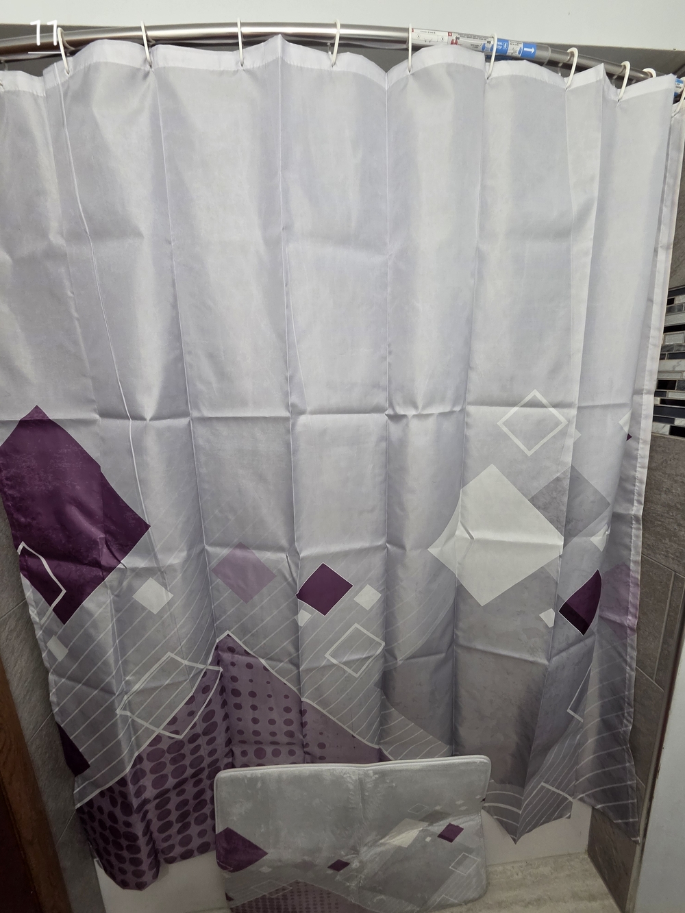 Geometric Purple and Gray Shower Curtain And Memory Foam Mat Set